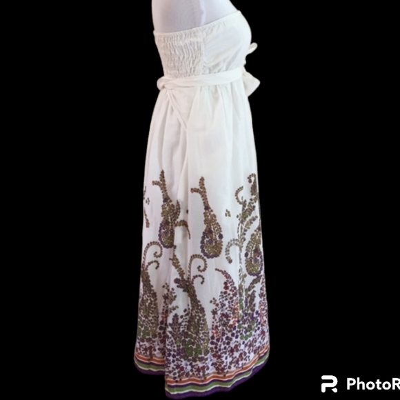 Vintage Strapless Sundress/Off-White Cotton/Border Print - Picture 2 of 5